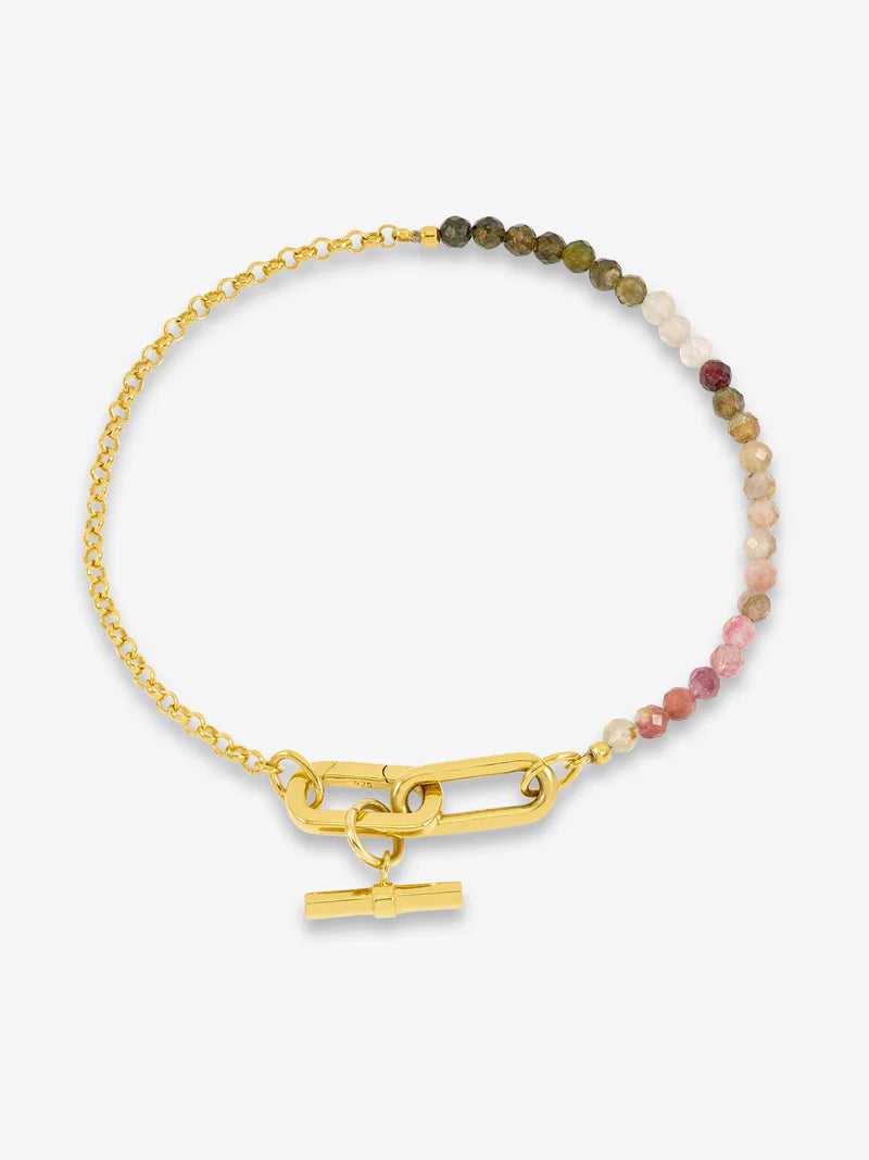 Watermelon Tourmaline T-Bar Beaded Bracelet, Gold