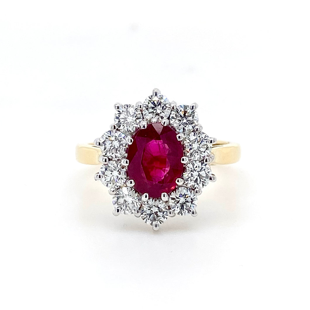 18ct Yellow & White Gold, 1.45ct Ruby & Diamond Cluster Ring