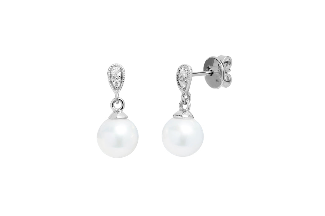 18ct White Gold, Pearl & Diamond Drop Earrings