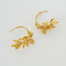 Load image into Gallery viewer, Lemon Blossom Branch Hoop Earrings with Hanging  Lemons, Gold Plated
