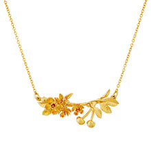 Load image into Gallery viewer, Cherry Blossom Branch Necklace with Hanging Cherries, Gold Plated
