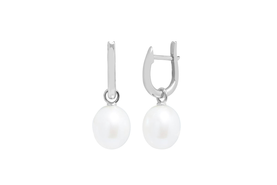 Sterling Silver, White Pearl Stirrup Hoop Earrings