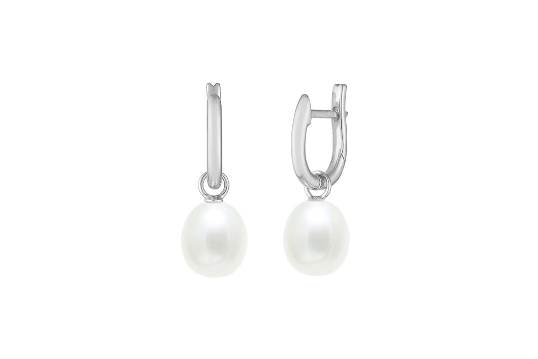 Sterling Silver, White Pearl Stirrup Hoop Earrings