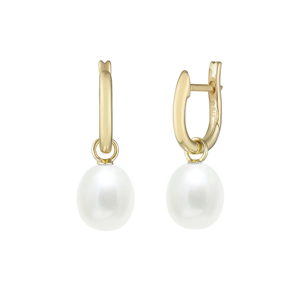 9ct Yellow Gold, White Pearl Stirrup Hoop Earrings