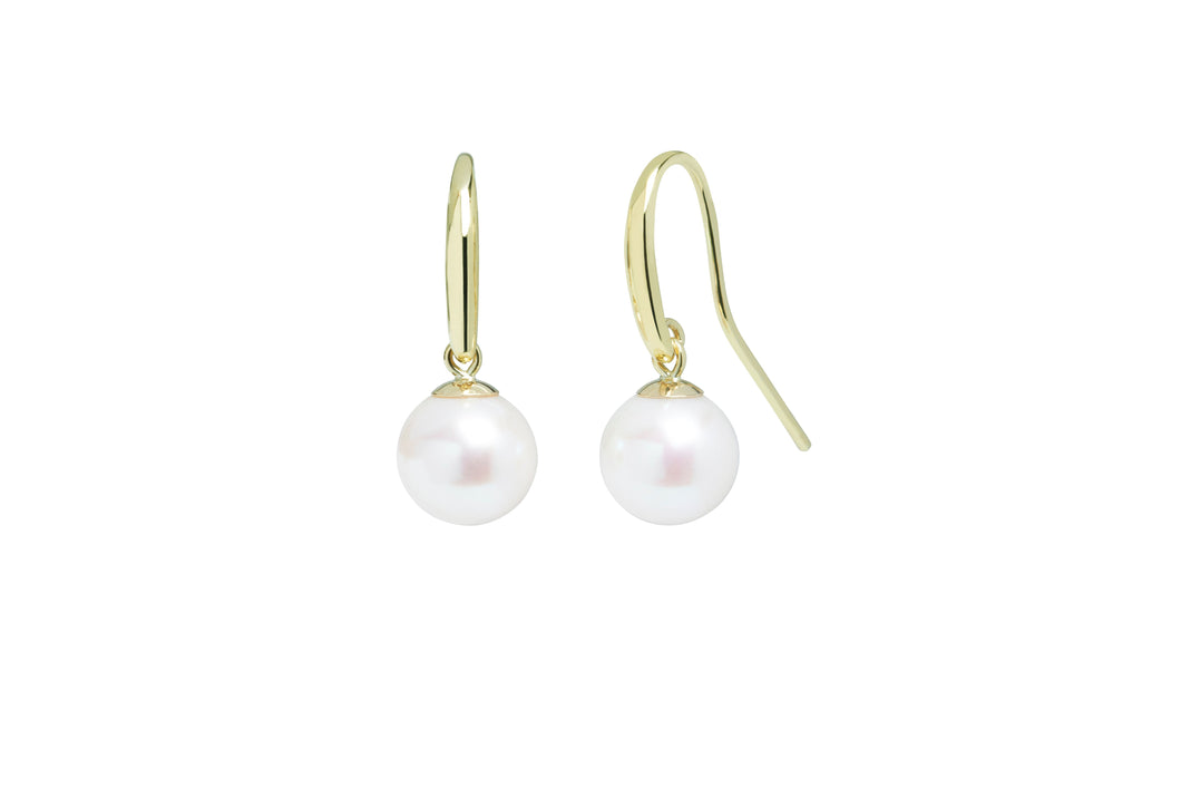 9ct Yellow Gold, White Pearl Shepherd Crook Earrings