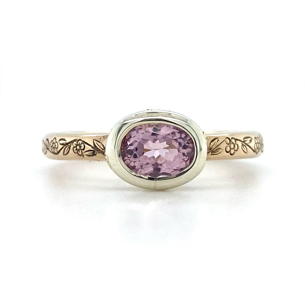 9ct Yellow & White Gold, Morganite Engraved Ring