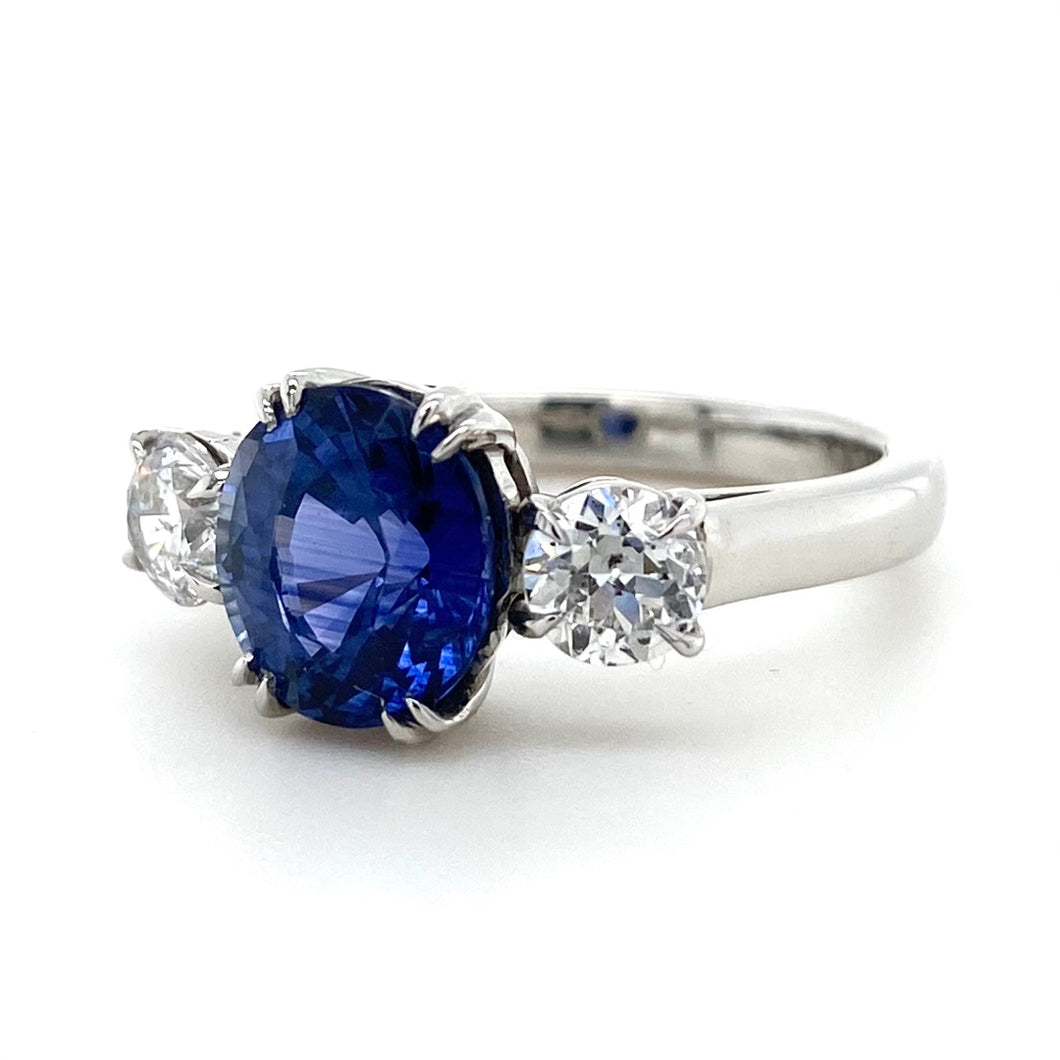 Platinum, 2.54ct Sapphire & 0.71tcw Old Cut Diamond Ring