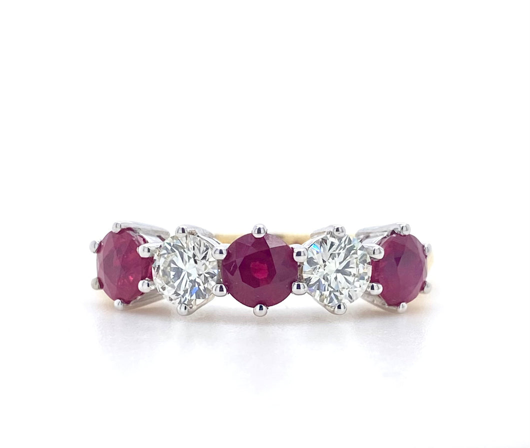 18ct Yellow & White Gold, Ruby & Diamond 5-Stone Ring