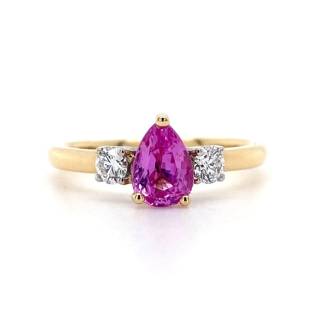 18ct Yellow Gold, 0.96ct Pink Sapphire & Diamond Trilogy Ring