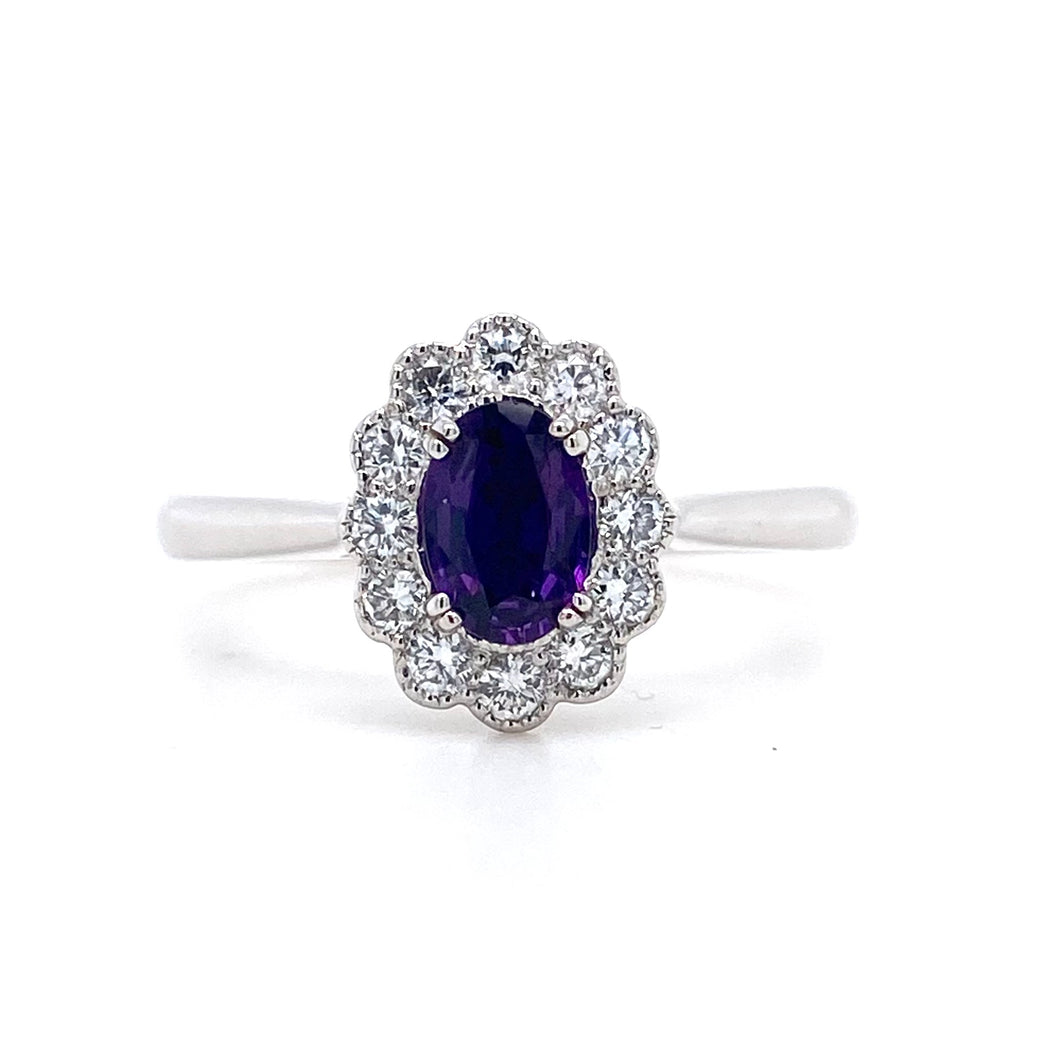 18ct White Gold, 0.46ct Purple Sapphire & Diamond Daisy Cluster Ring