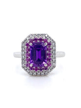 Load image into Gallery viewer, Platinum, 1.55ct Purple Sapphire &amp; Diamond Double Halo Cluster Ring
