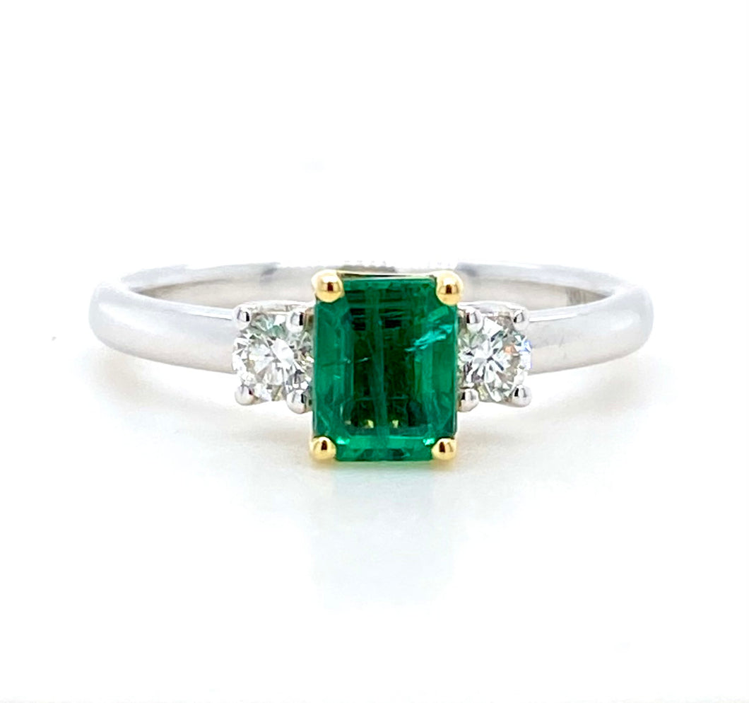 18ct White Gold & Yellow Gold, 0.79ct Emerald & Diamond Trilogy Ring