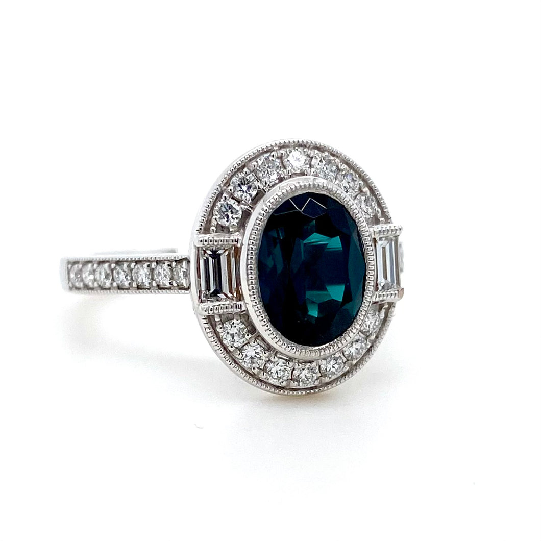 18ct White Gold, 1.30ct Indicolite Tourmaline & Diamond Cluster Ring