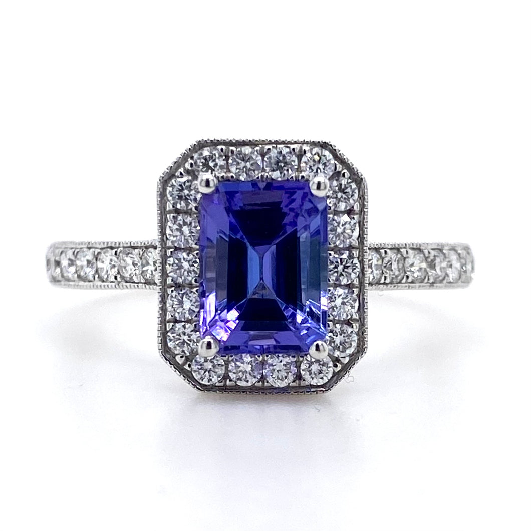 18ct White Gold, 1.15ct Tanzanite & Diamond Cluster Ring