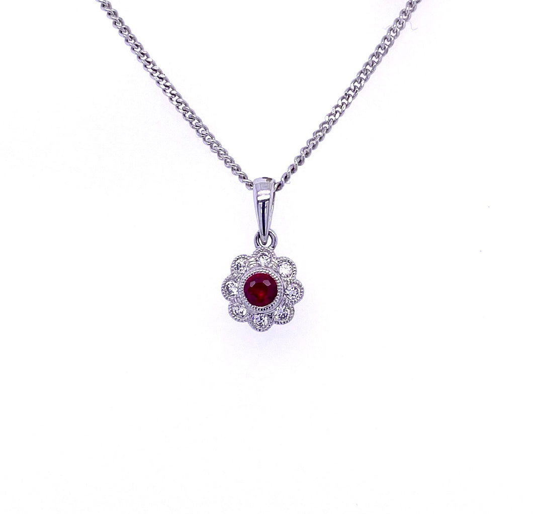 18ct White Gold, Ruby & Diamond Daisy Cluster Pendant