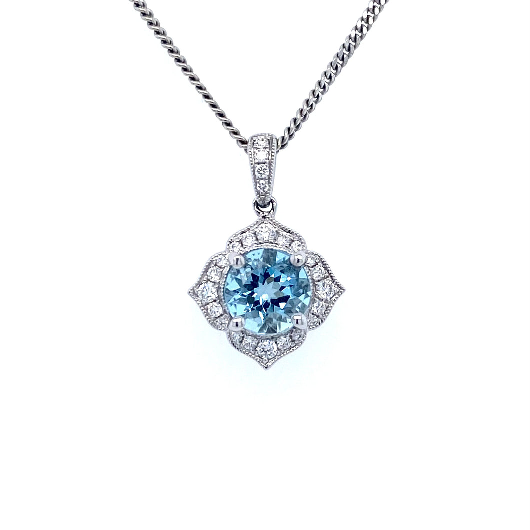 18ct White Gold, 0.95ct Aquamarine & Diamond Pendant