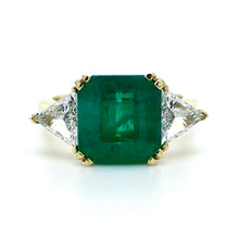 Load image into Gallery viewer, 18ct Yellow Gold, 3.45ct Emerald &amp; Diamond Trilogy Ring
