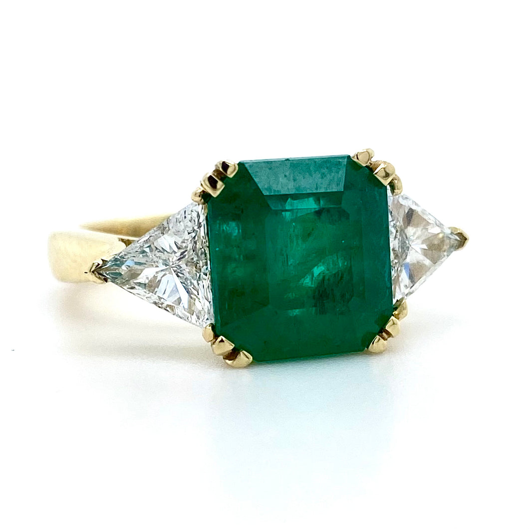 18ct Yellow Gold, 3.45ct Emerald & Diamond Trilogy Ring