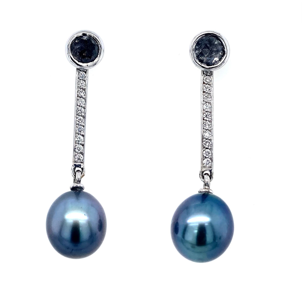 18ct White Gold, Diamond & Tahitian Pearl Drop Earrings