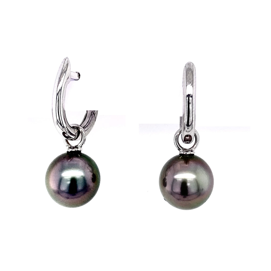 9ct White Gold, Tahitian Pearl Stirrup Hoop Earrings