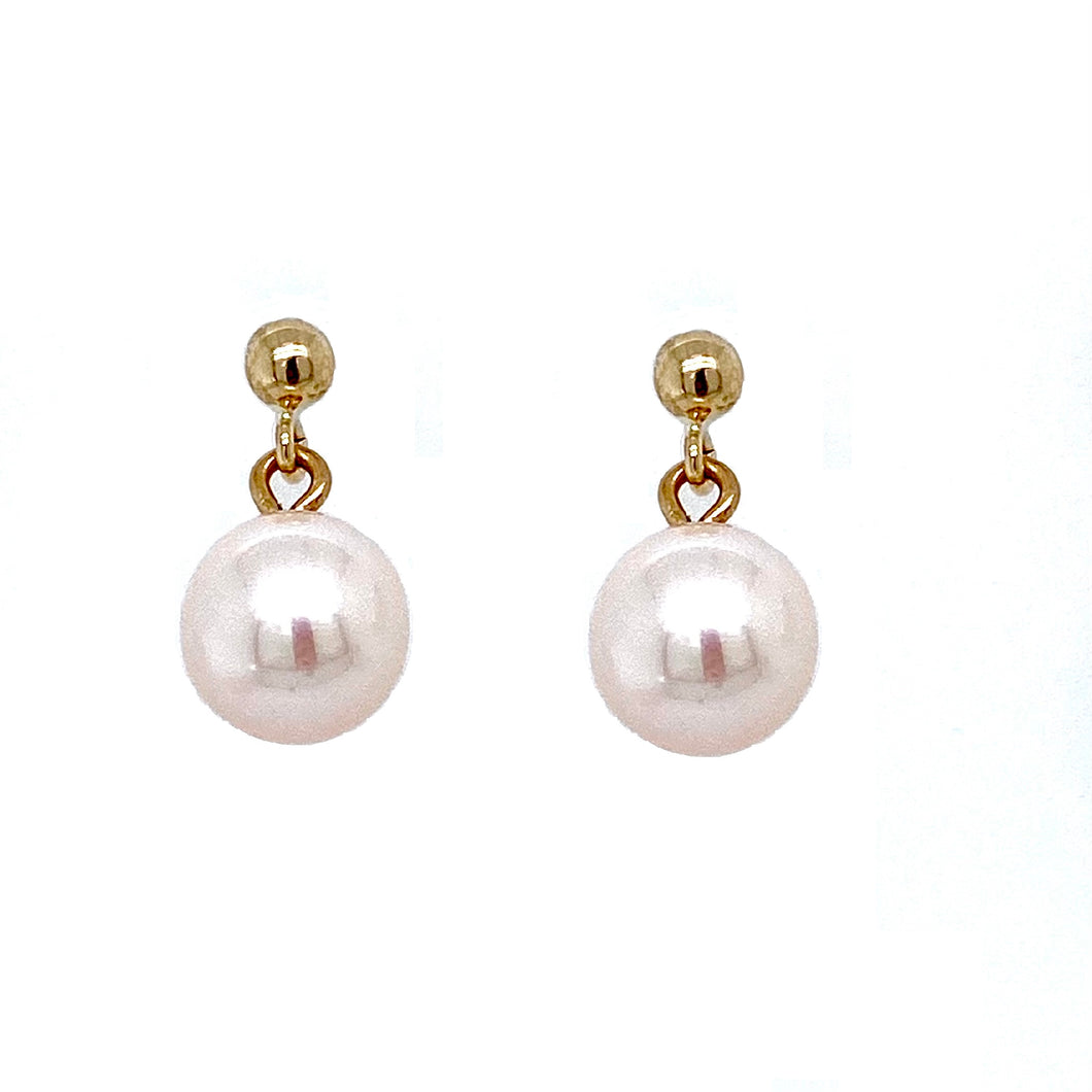 9ct Yellow Gold, White Parl Drop Earrings