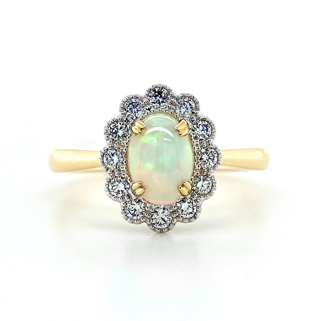 18ct Yellow Gold & 18ct White Gold, 0.54ct Opal & Diamond Cluster Ring