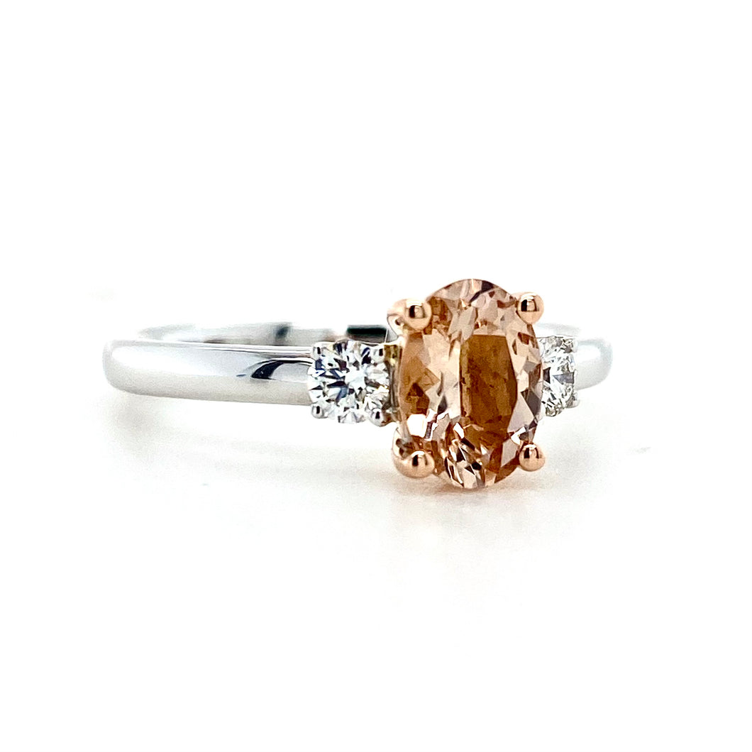 18ct Red Gold & 18ct White Gold, 0.65ct Morganite & Diamond Trilogy Ring