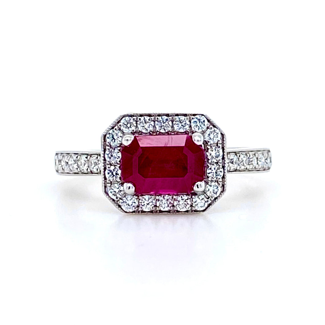 18ct White Gold, 1.27ct Ruby & Diamond Cluster Ring