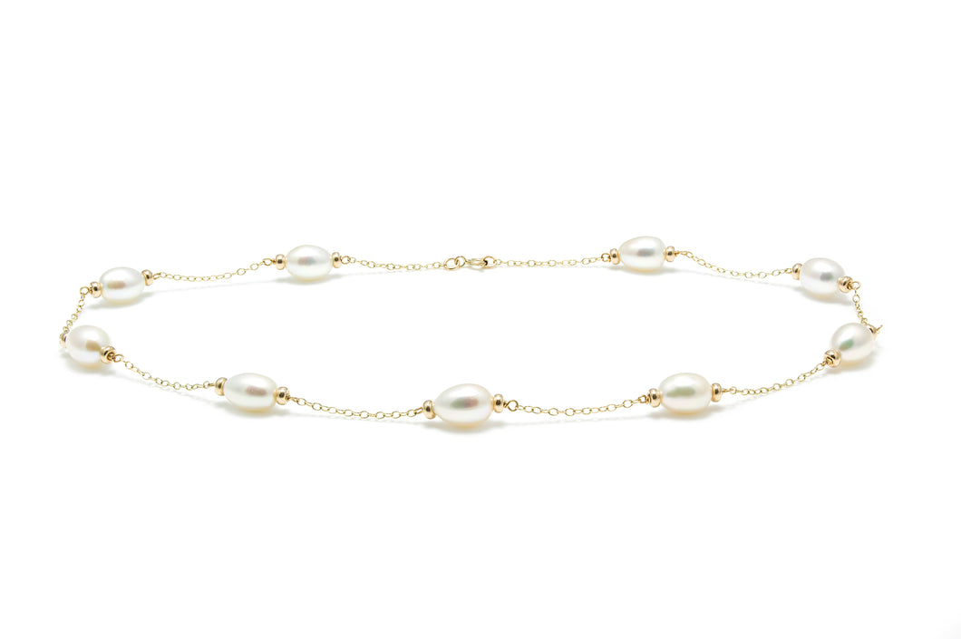 9ct Yellow Gold, Freshwater White Pearl & Chain Necklace