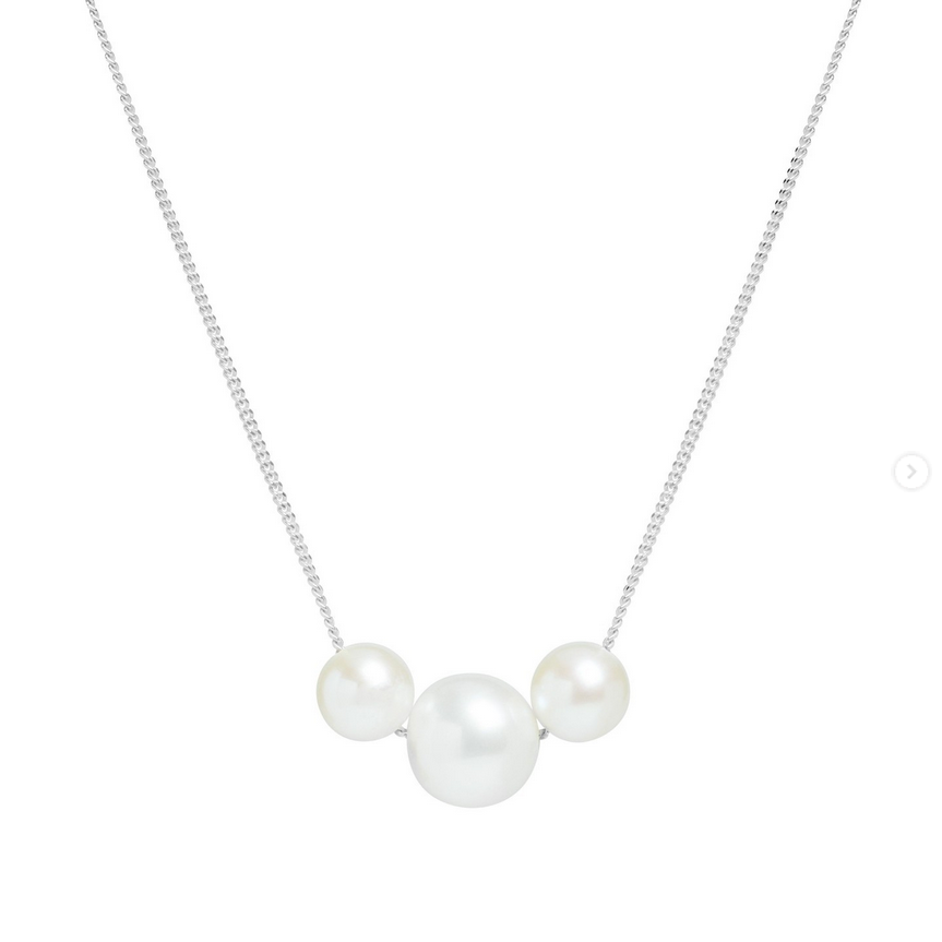 Sterling Silver, Trio White Pearl Necklace