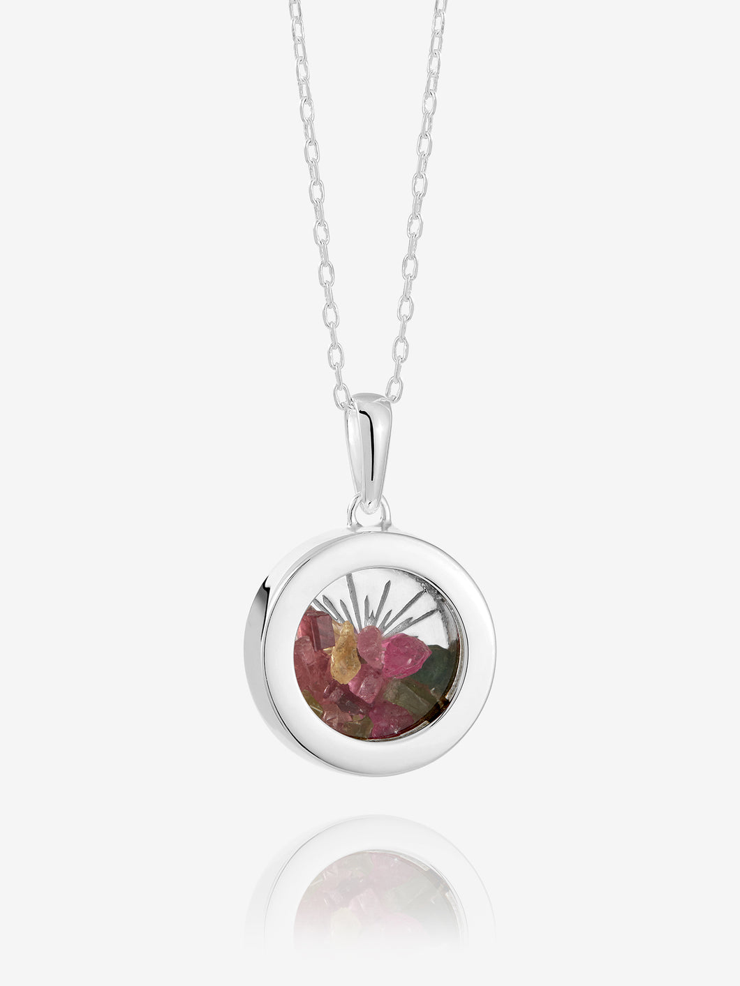 Medium Tourmaline Deco Sun Amulet Necklace, Silver