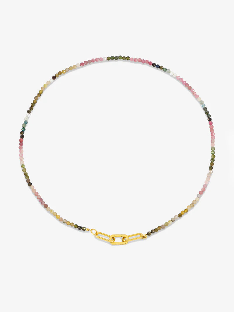 Watermelon Tourmaline Bead Necklace, Gold