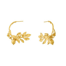 Load image into Gallery viewer, Lemon Blossom Branch Hoop Earrings with Hanging  Lemons, Gold Plated
