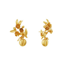 Load image into Gallery viewer, Peach Blossom Branch Climber Earrings with Hanging Peaches, Gold Plated
