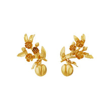 Load image into Gallery viewer, Peach Blossom Branch Climber Earrings with Hanging Peaches, Gold Plated
