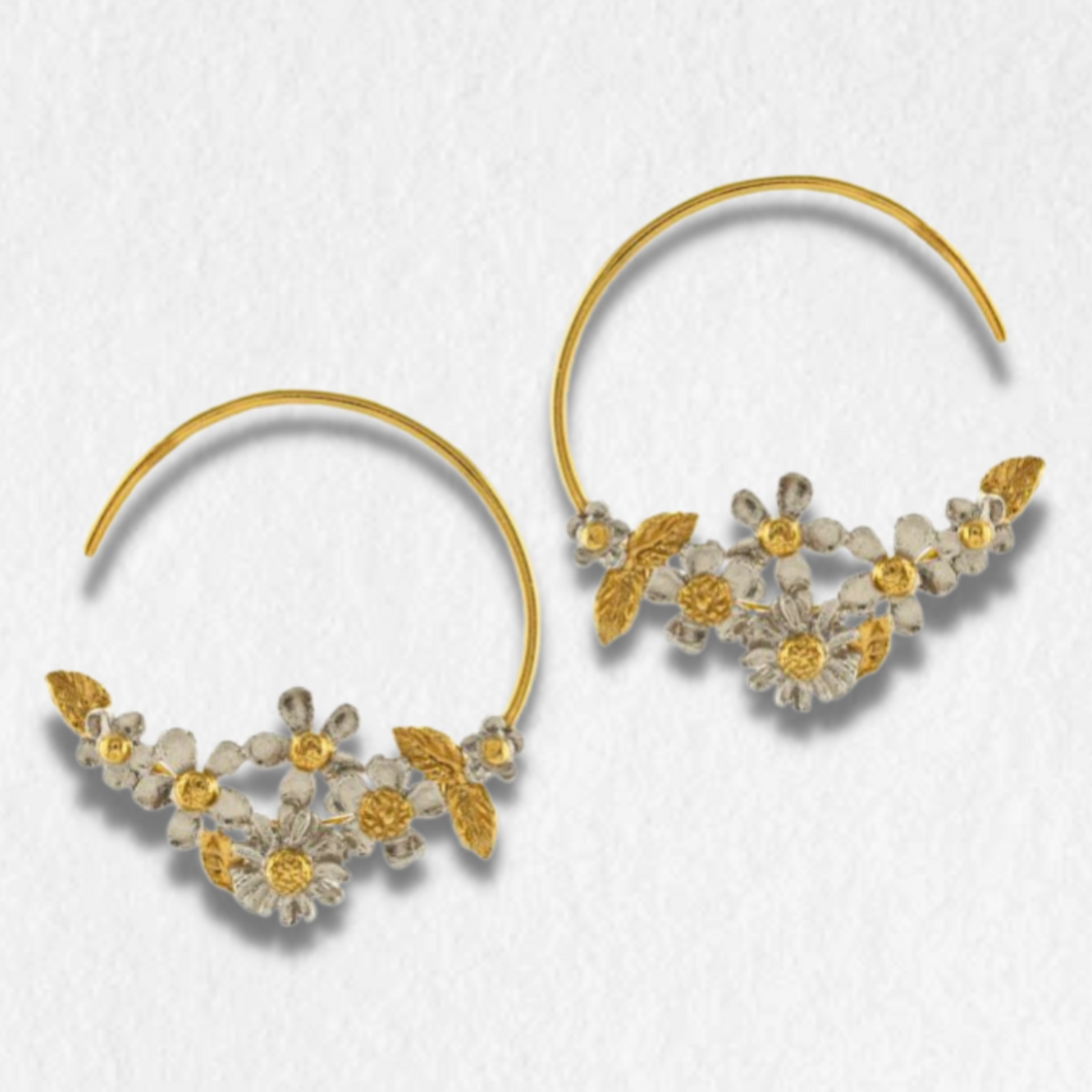 Spring Posy Bee Fine Hoop Earrings, Silver & Gold