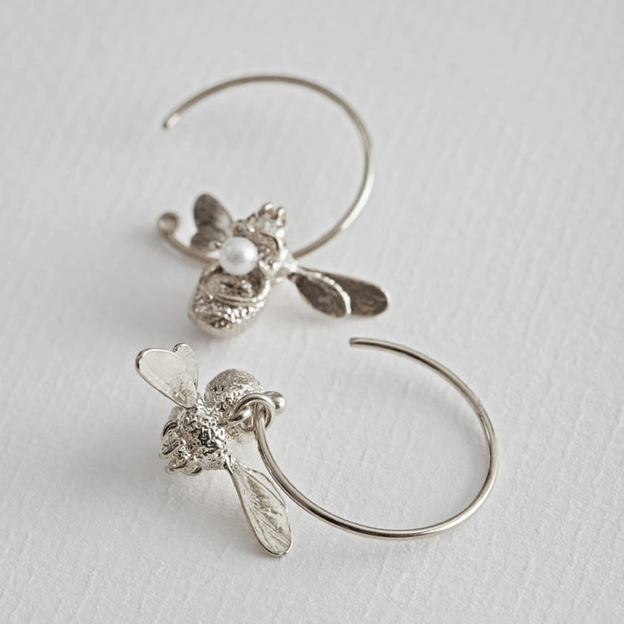 Flying Bee Pearl Hoop Earrings, Silver