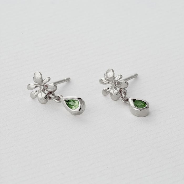 Small Rosette Peridot Hanging Teardrop Earrings , Silver